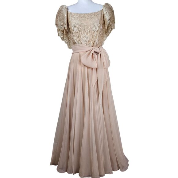 VTG 60s Werlé Beverly Hills Lace Chiffon Silk Gown 4 Champaign Flutter Princess - Picture 1 of 12